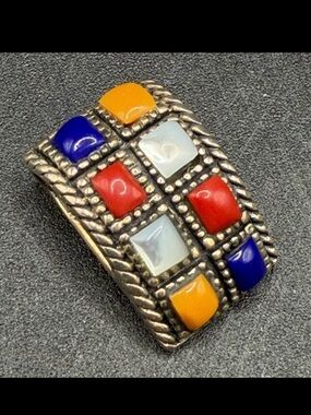 Vintage Sterling Silver Signed 925 CFJ Rectangular Multi Color Pendant Charm
